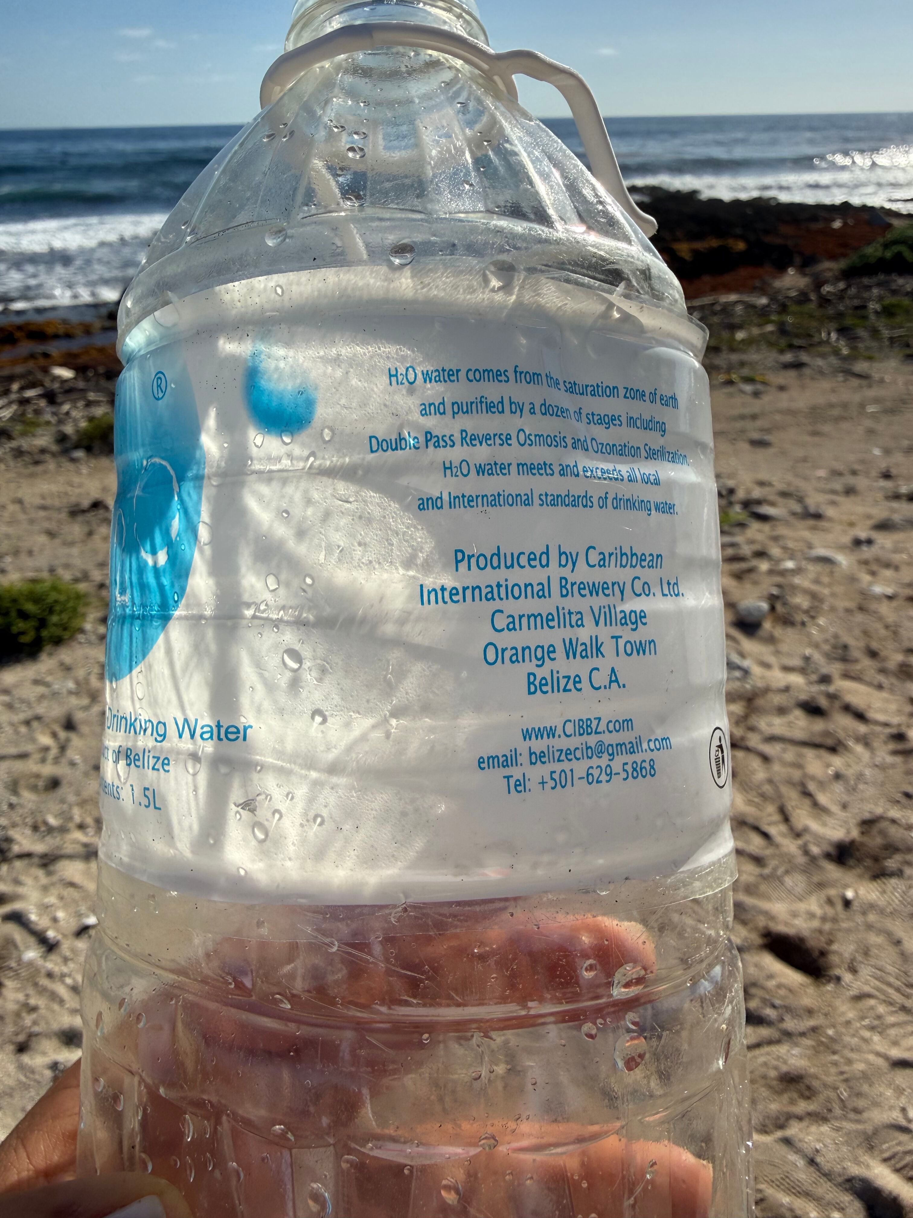 Water bottle from Belize found on Utila beach.
