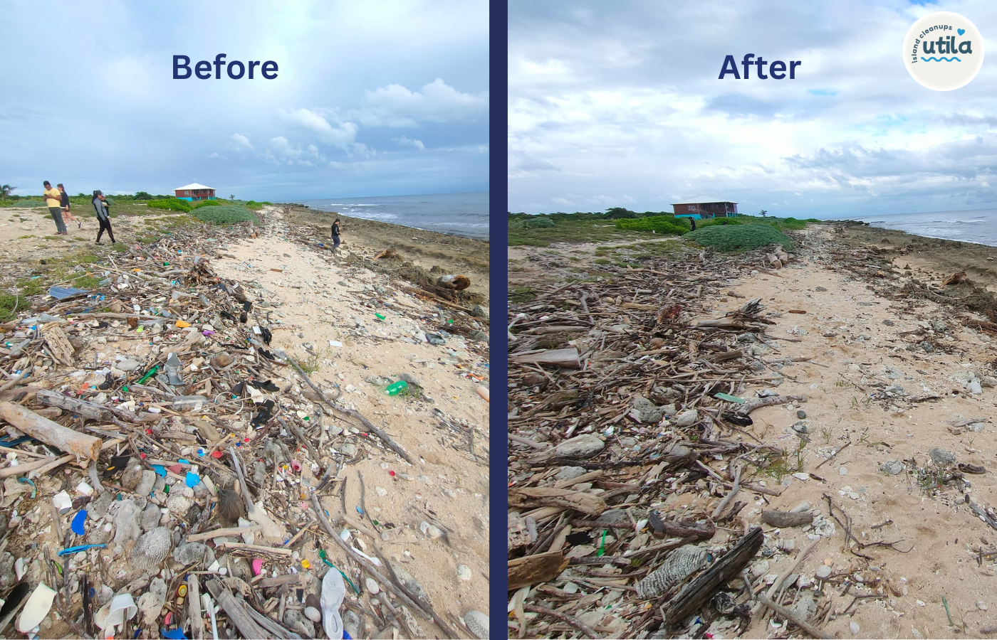 Before and after cleanup at Utila North Shore on January 7th 2026